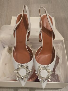 Amina Muaddi White Embellished Pointed Slingback Heels